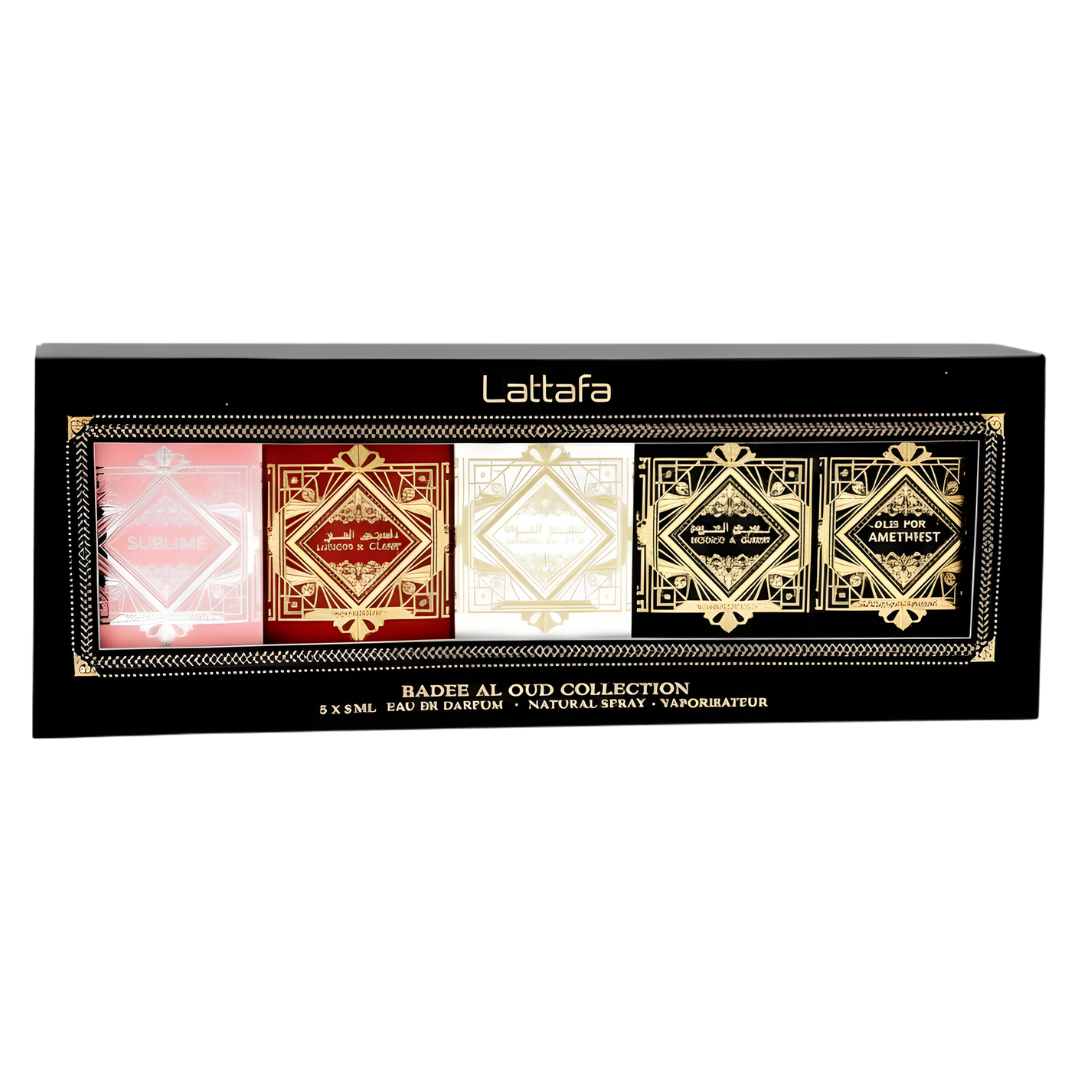 Lattafa Badee Al Oud 5 Pzas Mini Estuche EDP 5 ml X 5 Nobal Blush + Sublime + Honor & Glory + Amethyst + Oud For Glory