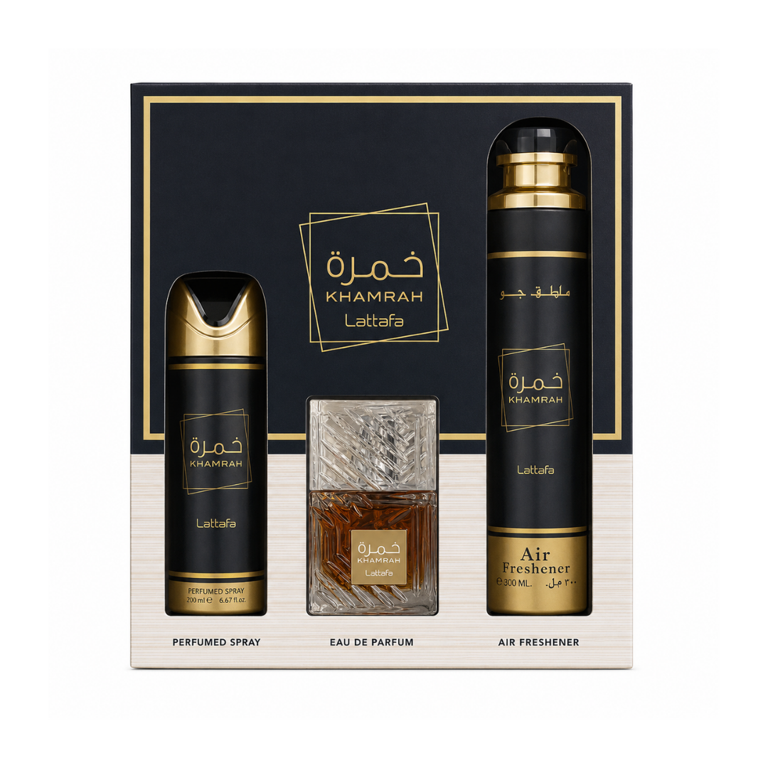 Lattafa Khamrah Estuche EDP 100 ml + Desodorante 200 ml + Air Freshener 300 ml